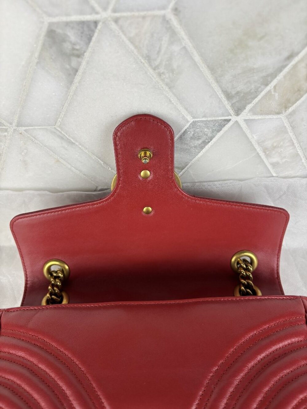 Gucci GG Marmont Medium Shoulder Bag Flap Quilted Crossbody Chain Red Heart EUC - Picture 13 of 16
